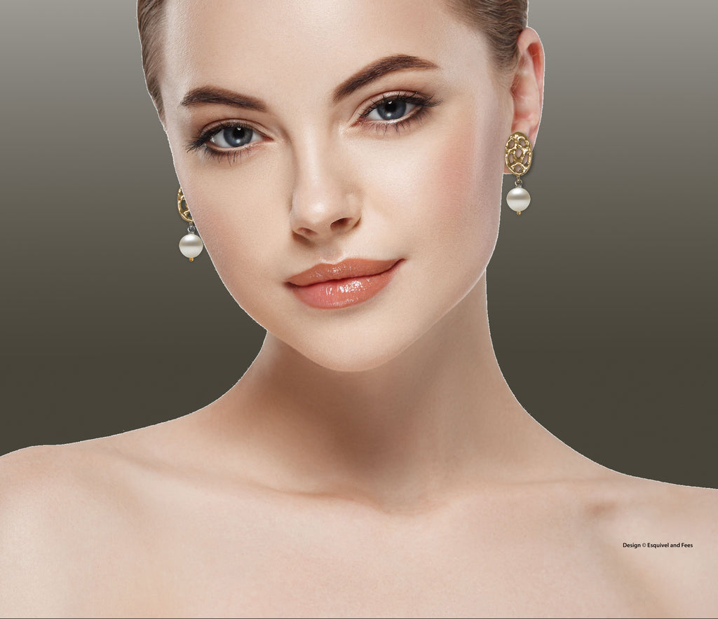 Fashion Earrings Jewelry 14k Gold Vermeil Handmade Honeycomb Pearl Drop Earrings  FACH1-TPEVM