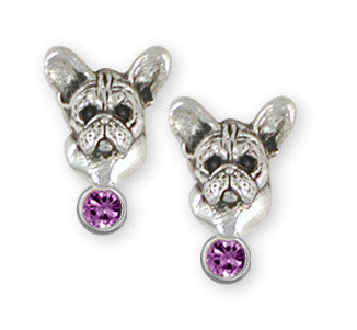 French Bulldog Birthstone Earrings Handmade Sterling Silver Dog Jewelry FR26-SE