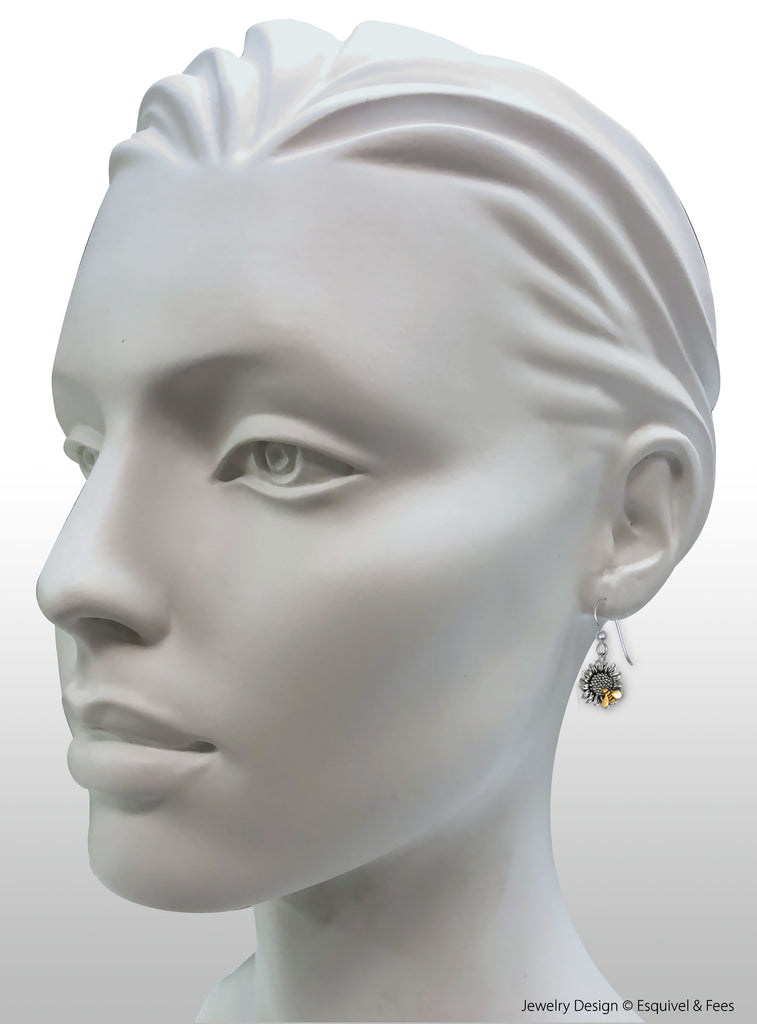 Sunflower Jewelry Sterling Silver Handmade Sunflower With Bee Earrings  SFTX2-BEFW