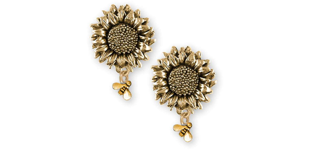 Sunflower Charms Sunflower Earrings 14k Yellow Gold Sunflower With Bees Jewelry Sunflower jewelry