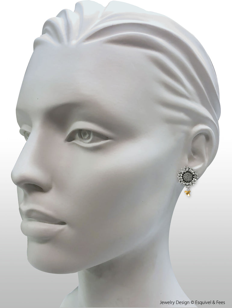 Sunflower Jewelry Silver And 14k Gold Handmade Sunflower With Gold Bees Earrings  SFTX3-BEEETN