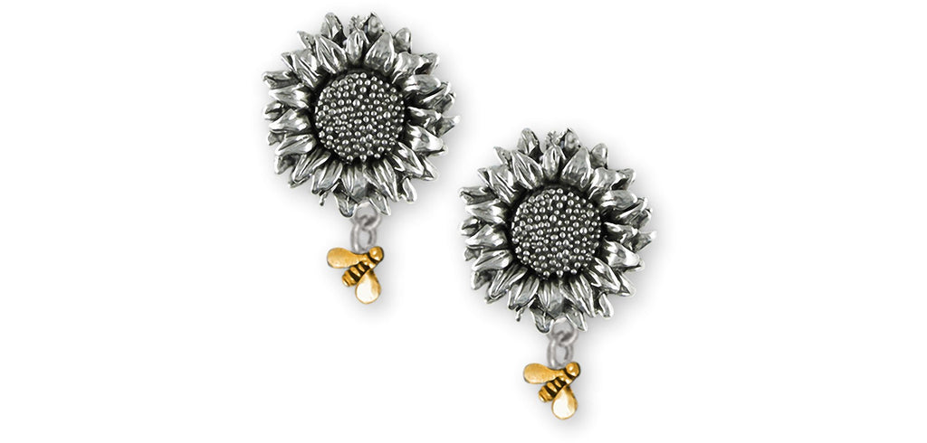 Sunflower Charms Sunflower Earrings Silver And 14k Gold Sunflower With Gold Bees Jewelry Sunflower jewelry