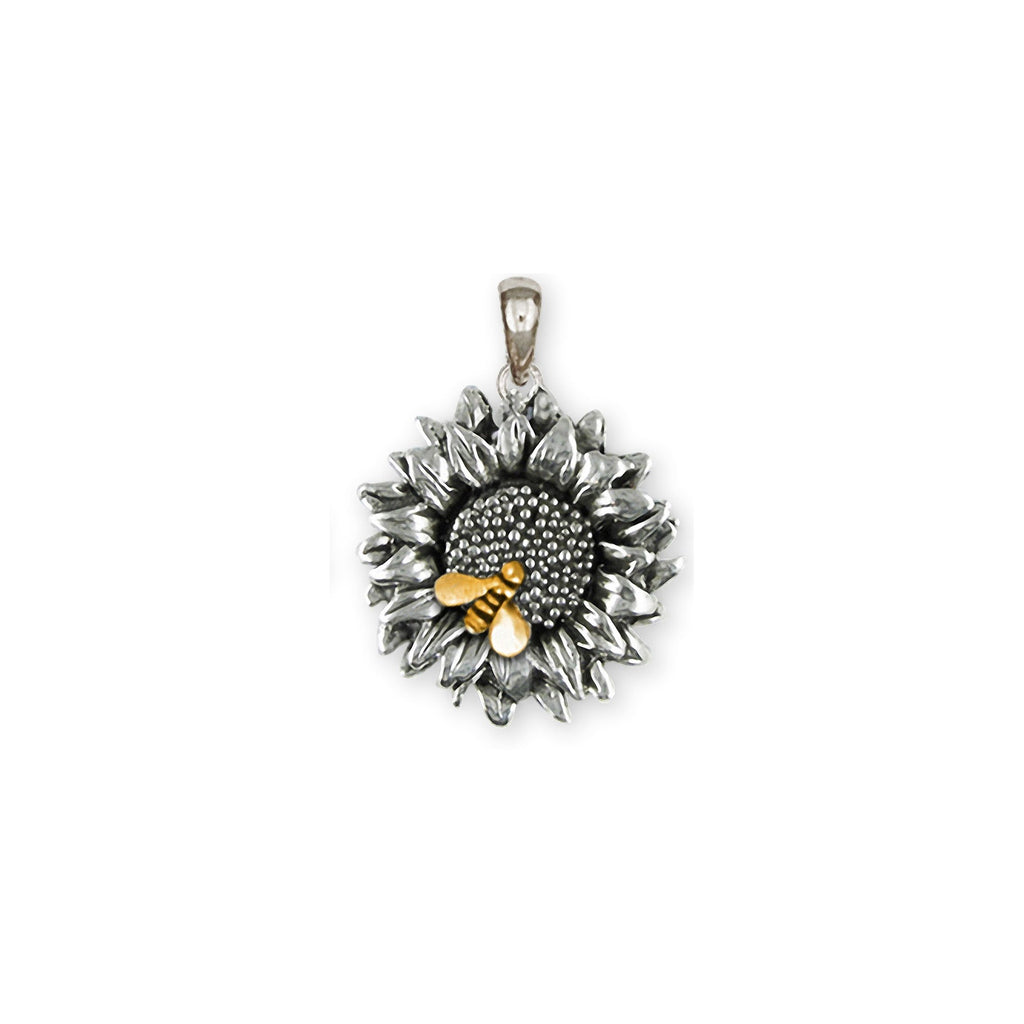 Sunflower Charms Sunflower Pendant Silver And 14k Gold Sunflower With Bee Jewelry Sunflower jewelry