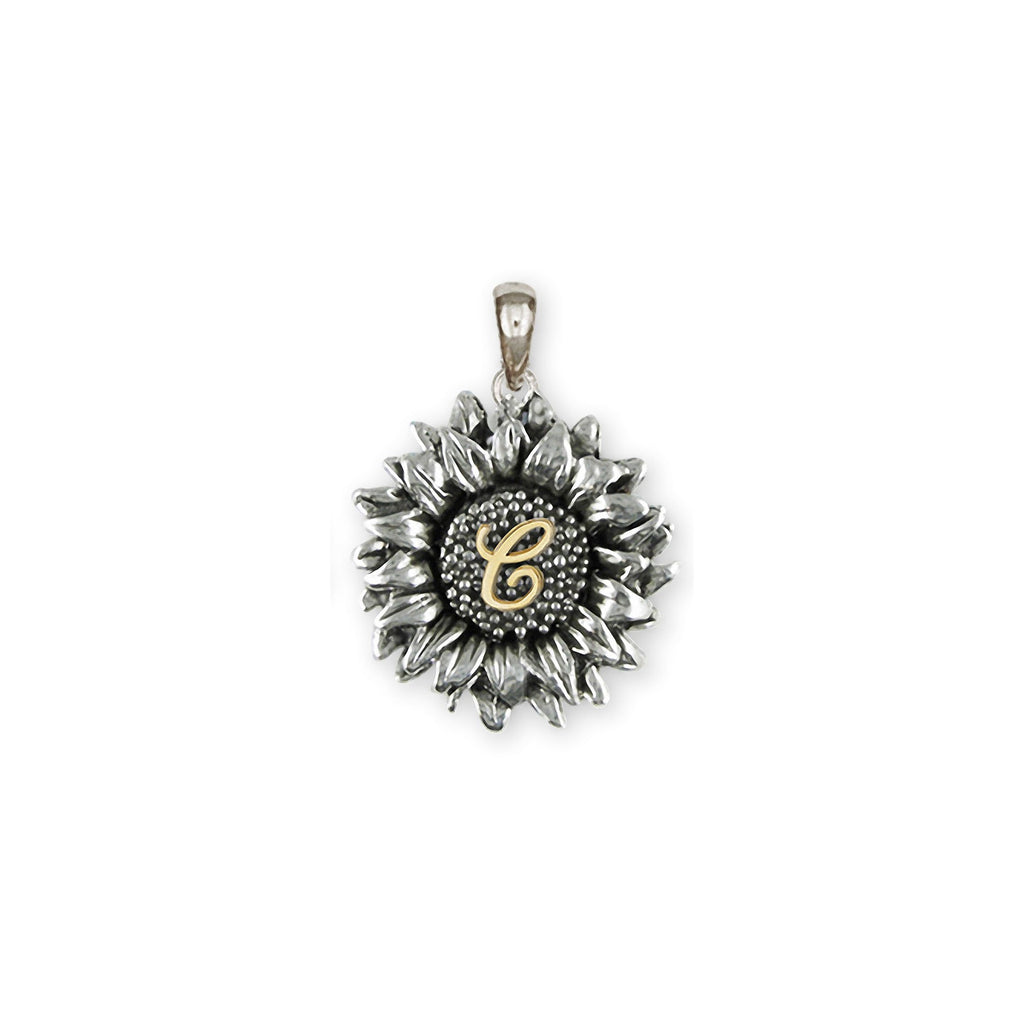 Sunflower Charms Sunflower Pendant Silver And 14k Gold Sunflower With Initial Jewelry Sunflower jewelry