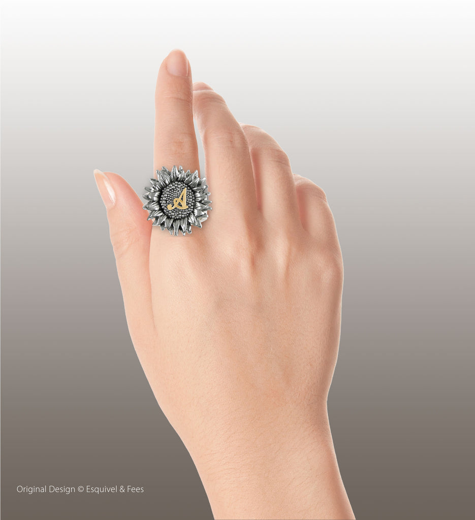 Sunflower Jewelry Silver And 14k Gold Handmade Sunflower With Gold Initial Ring  SFTX5-INR