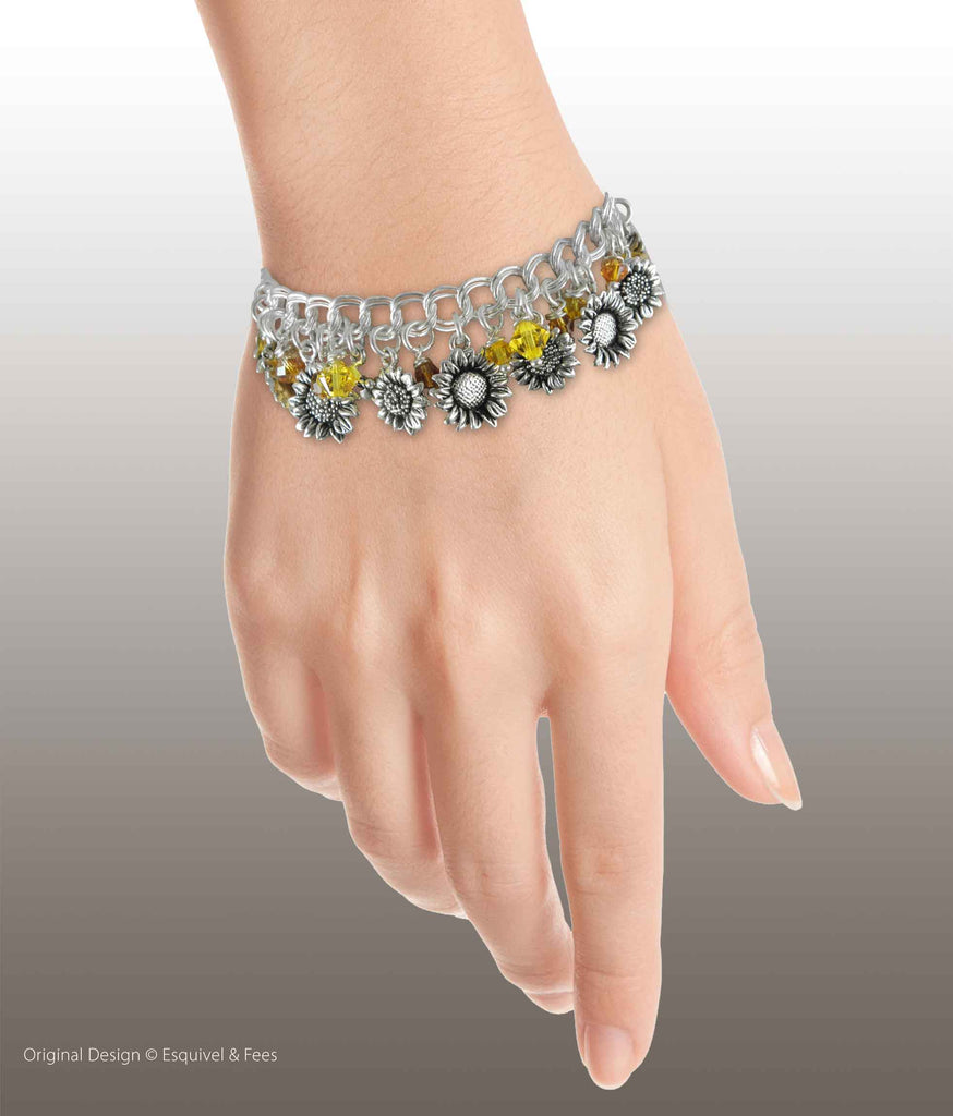 Sunflower Jewelry Sterling Silver Handmade Sunflower And Austrian Crystal Statement Bracelet  SUN-BR1
