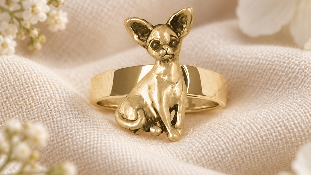 A polished gold ring shaped like a sitting chihuahua dog, displayed on a textured cream fabric with soft white flowers in the background.