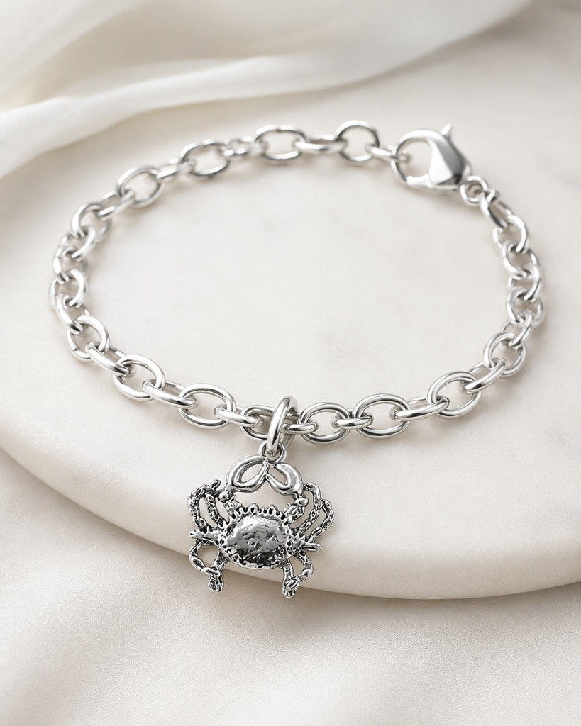 Crab Charm Sterling Silver, Handmade Crab Jewelry, Ocean Sea Life Bracelet Charm, Nautical Beach Crab Charm CRB3-C