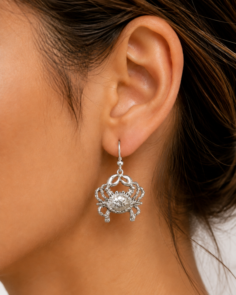 Crab Earrings Sterling Silver, Handmade Crab Jewelry, Ocean Sea Life Earrings, Nautical Beach Crab Earrings CRB3-E