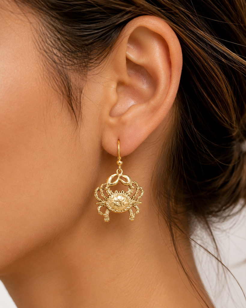 Crab Earrings 14K Gold Vermeil, Handmade Crab Jewelry, Ocean Sea Life Earrings, Nautical Beach Crab Earrings CRB3-EVM