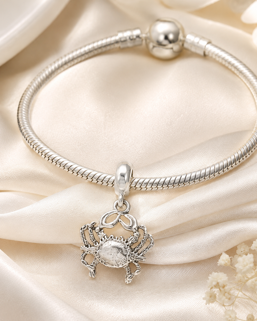 Crab Charm Slide Sterling Silver, Handmade Crab Jewelry, Ocean Sea Life Bracelet Charm Slide, Nautical Beach Crab Charm CRB3-PNS