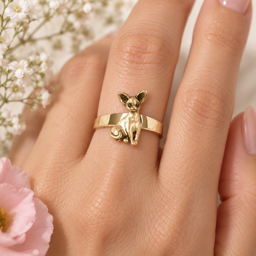 Chihuahua Ring 14K Yellow Gold Vermeil Chihuahua Jewelry Handmade Ring CU9-Rvm