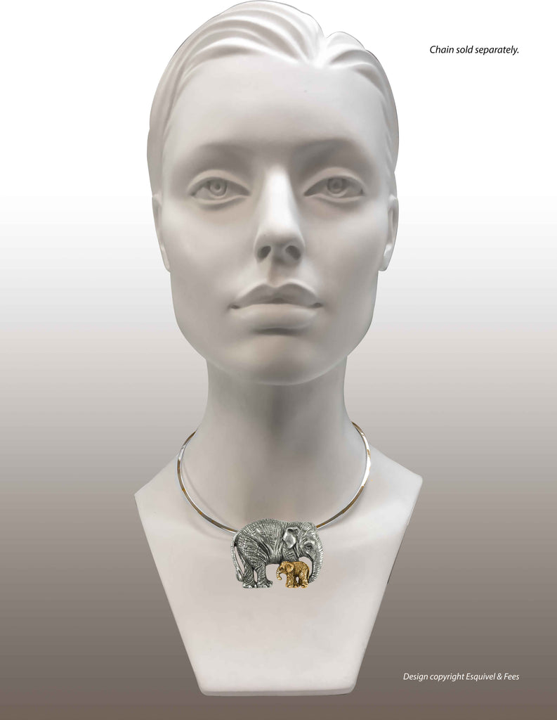 Asian Elephant And Baby Pendant Jewelry Silver And Gold Handmade Wildlife Pendant EL9-TNP