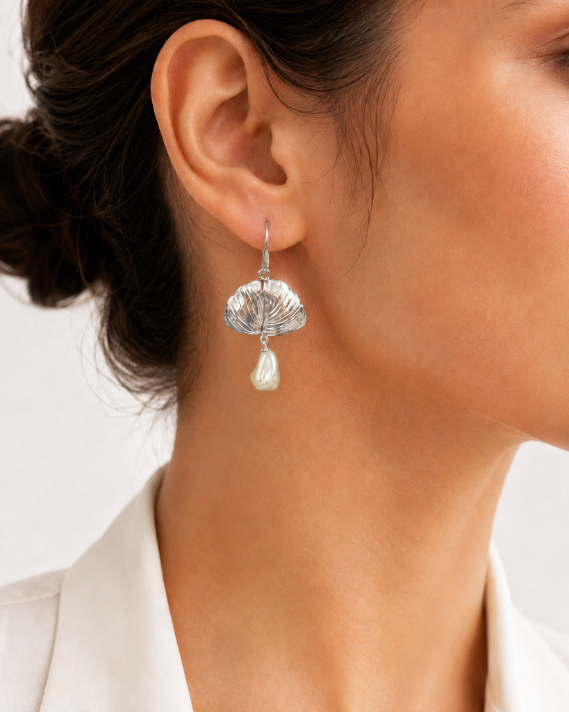 Ginkgo Earrings Sterling Silver With Faux Baroque Pearl Accents, Handmade Ginkgo Leaf Earrings, Botanical Jewelry Gift GNK3-EPL