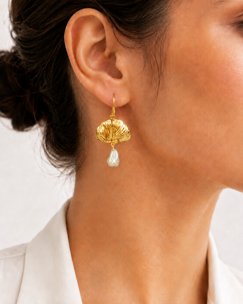 Ginkgo Earrings 14K Gold Vermeil With Faux Baroque Pearl Accents, Handmade Ginkgo Leaf Earrings, Botanical Jewelry Gift GNK3-EPLVM