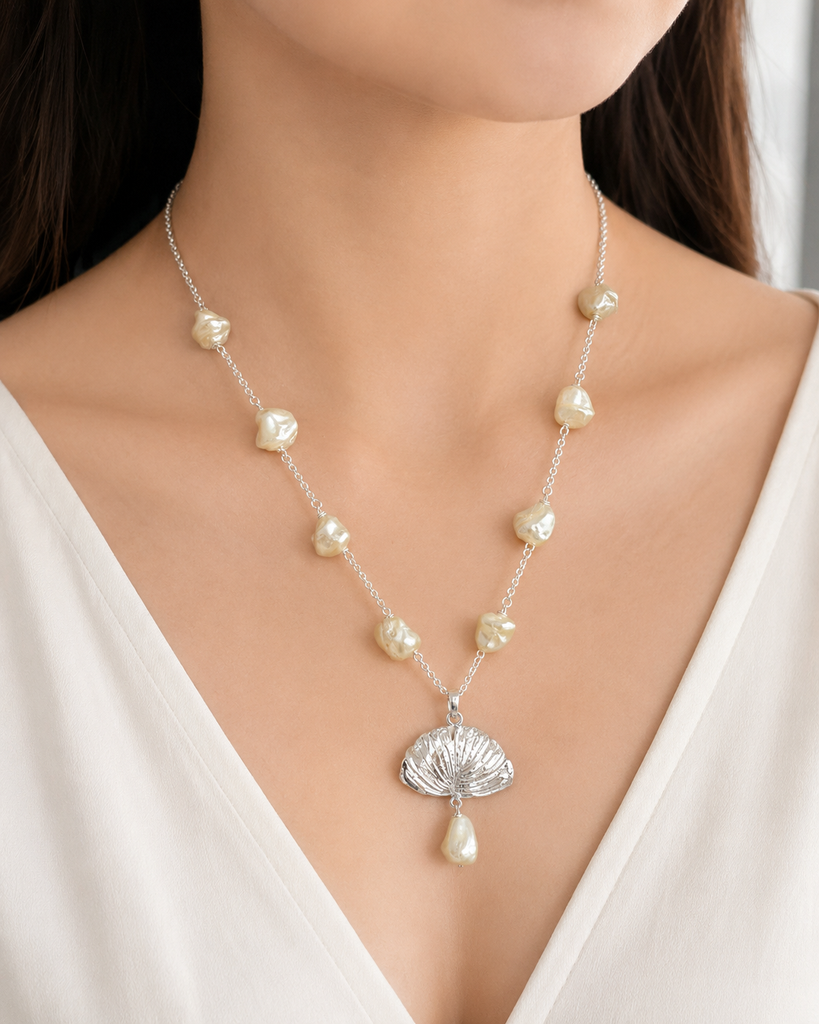 Ginkgo Necklace Sterling Silver With Faux Baroque Pearl Accents, Handmade Ginkgo Leaf Pendant, Botanical Jewelry Gift GNK4-NKPL