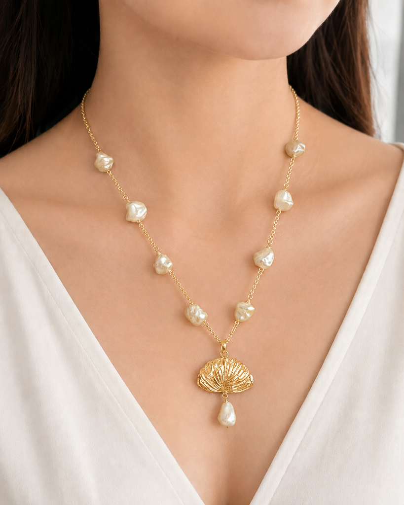 Ginkgo Necklace 14K Gold Vermeil With Faux Baroque Pearl Accents, Handmade Ginkgo Leaf Pendant, Botanical Jewelry Gift GNK4-NKPLVM