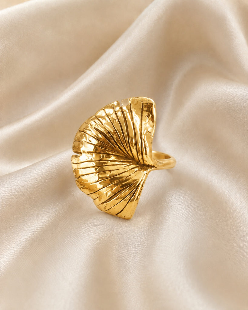 Ginkgo Ring 14K Gold Vermeil Handmade Botanical Leaf Statement Ring, Dimensional Ginkgo Jewelry Gift GNK4-RVM