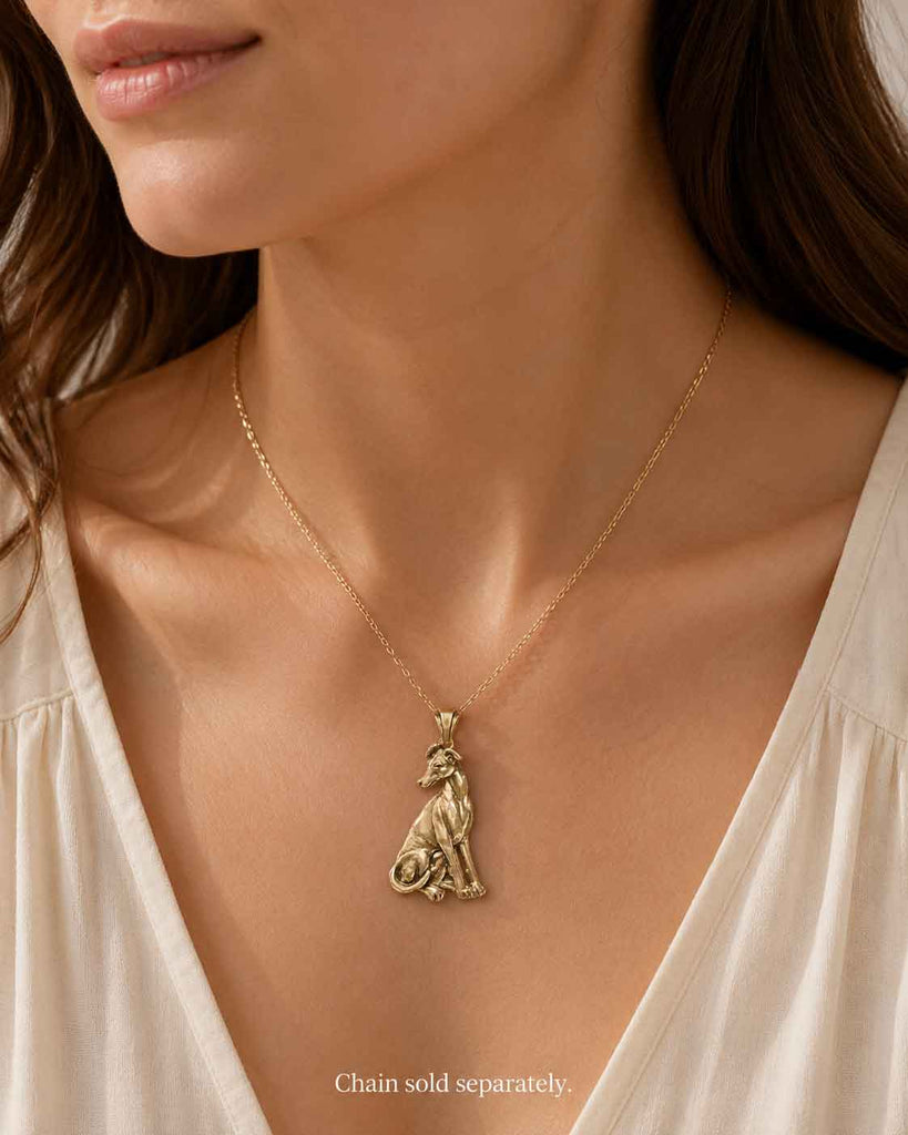 Greyhound Pendant Yellow Bronze, Handmade Greyhound Dog Necklace, Dimensional Sighthound Jewelry Gift GRH3-BZP