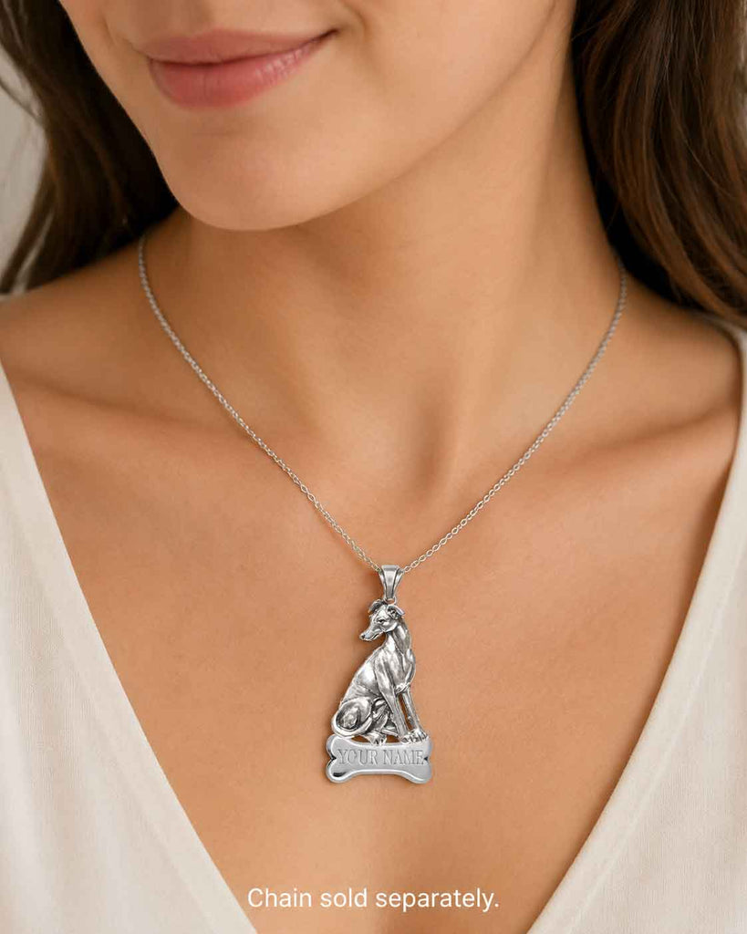 Greyhound Pendant Sterling Silver, Personalized Greyhound Dog Necklace, Handmade Sighthound Jewelry Gift GRH3-NP