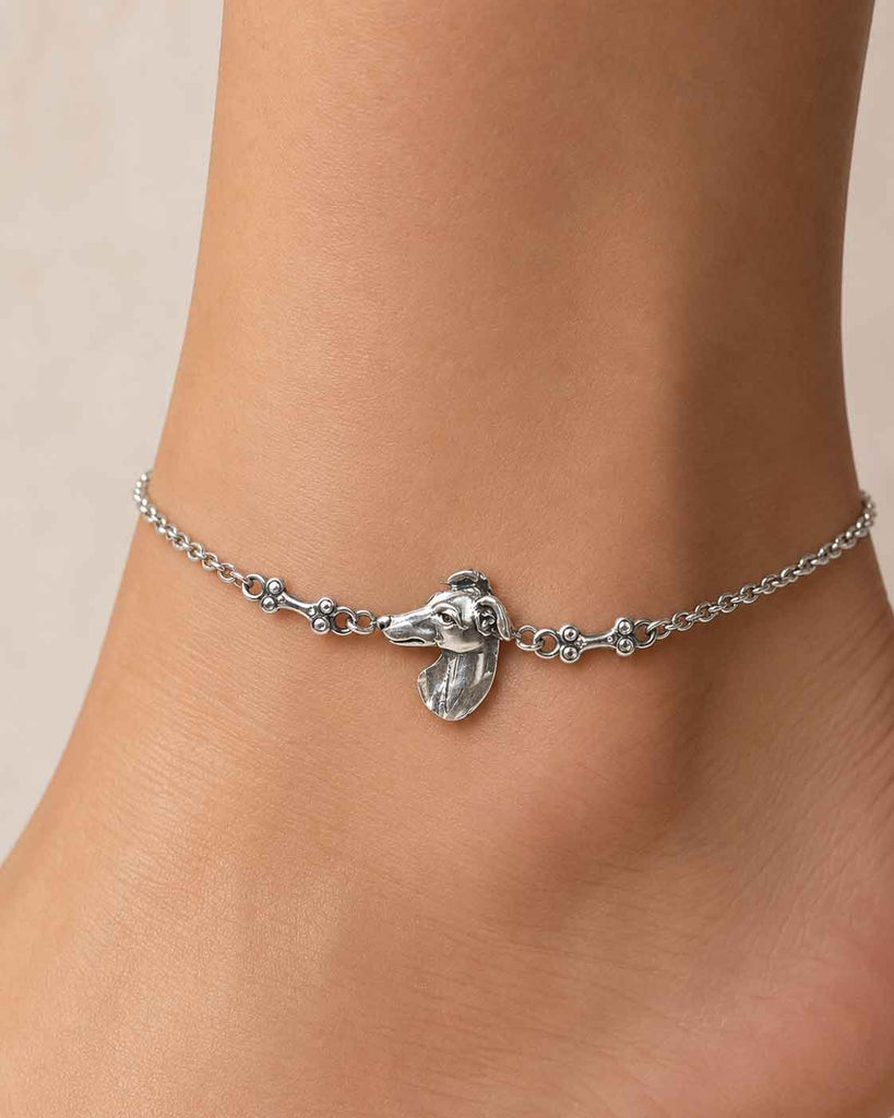 Greyhound Ankle Bracelet Sterling Silver, Handmade Greyhound Dog Anklet, Custom Size Sighthound Jewelry Gift GRH3H-A