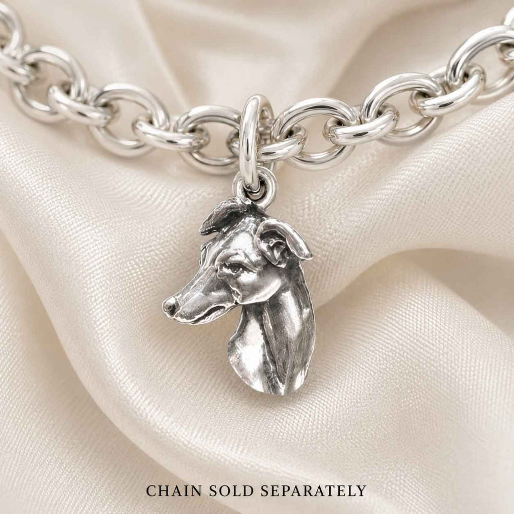 Greyhound Charm Sterling Silver, Handmade Greyhound Dog Charm, Dimensional Sighthound Charm Bracelet Gift GRH3H-C