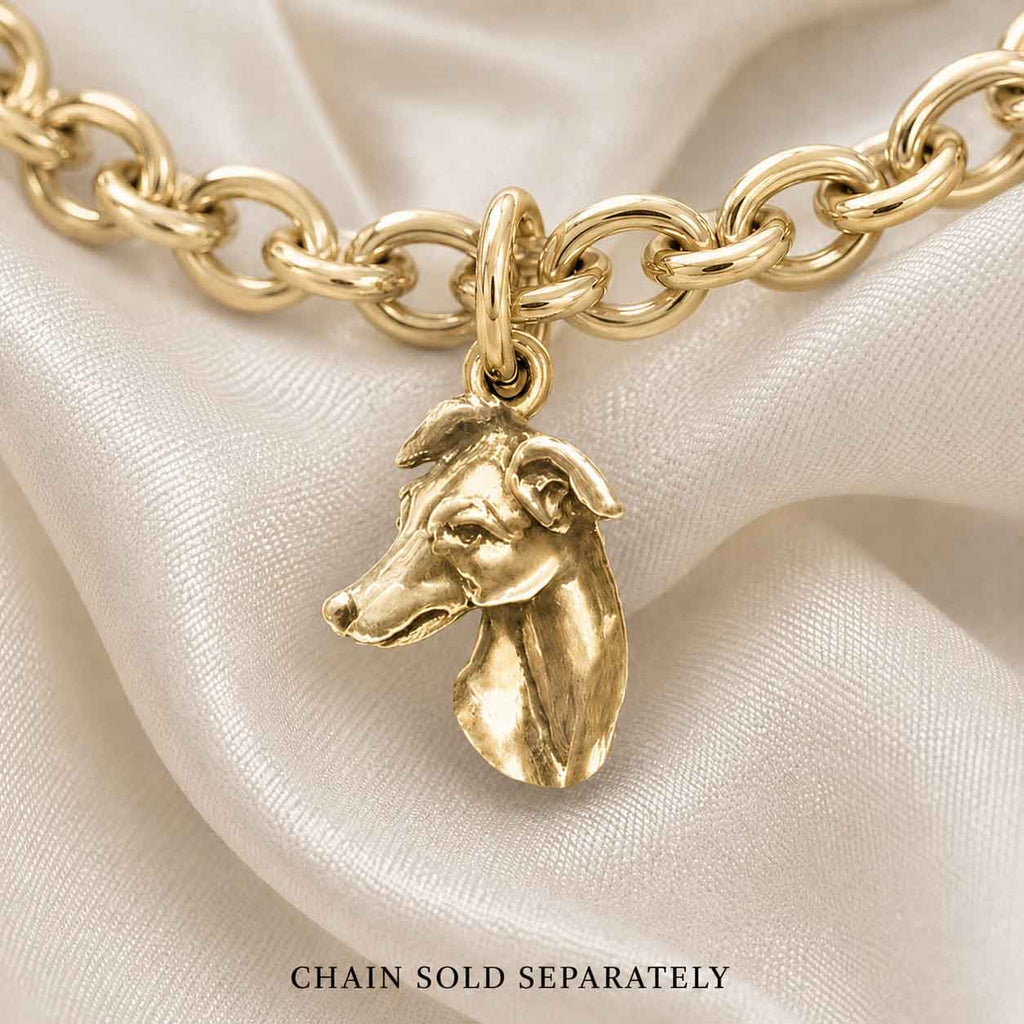 Greyhound Charm 14K Gold Vermeil, Handmade Greyhound Dog Charm, Dimensional Sighthound Charm Bracelet Gift GRH3H-CVM