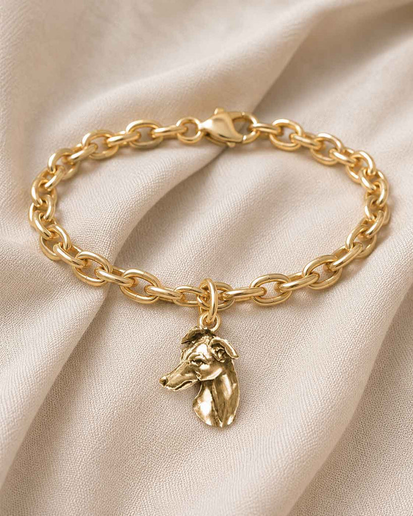 Greyhound Charm 14K Gold Vermeil, Handmade Greyhound Dog Charm, Dimensional Sighthound Charm Bracelet Gift GRH3H-CVM