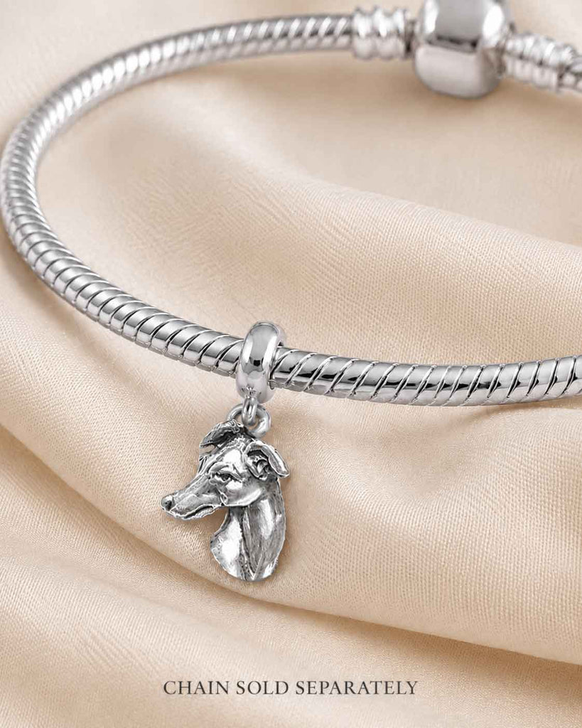 Greyhound Charm Slide Sterling Silver, Handmade Greyhound Dog Slide Charm, Sighthound Bracelet Jewelry Gift GRH3H-PNS