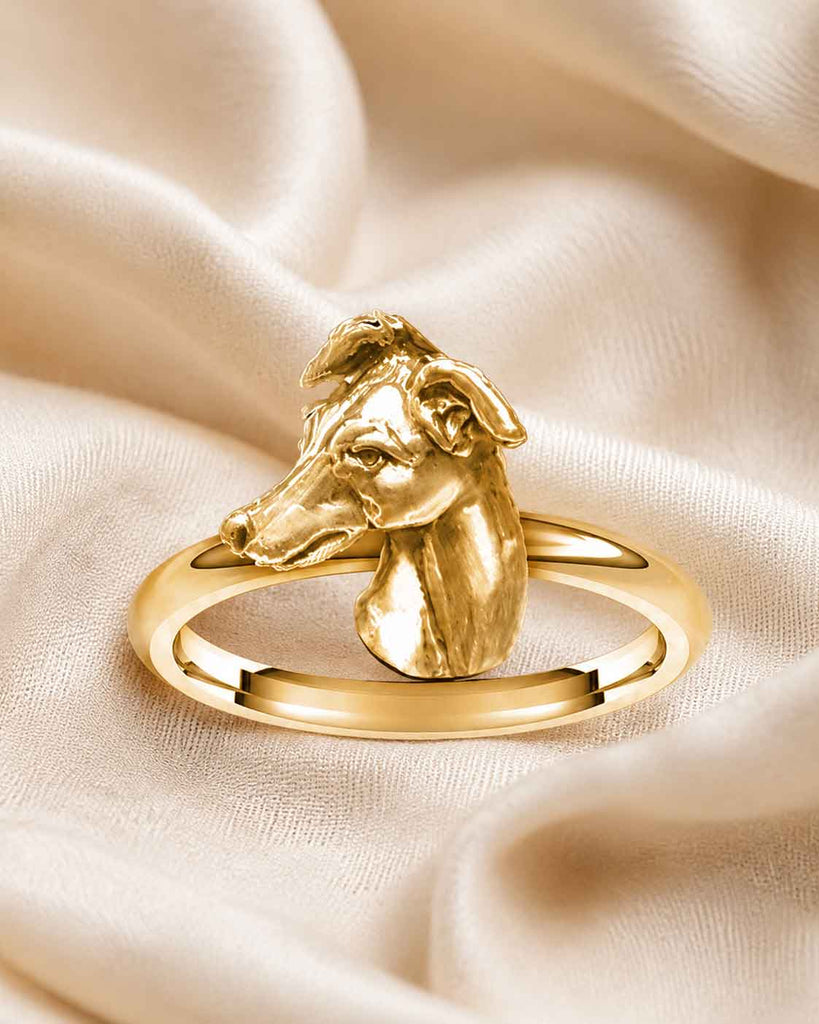 Greyhound Ring 14K Gold Vermeil, Handmade Greyhound Dog Ring, Custom Size Greyhound Jewelry Gift GRH3H-RVM