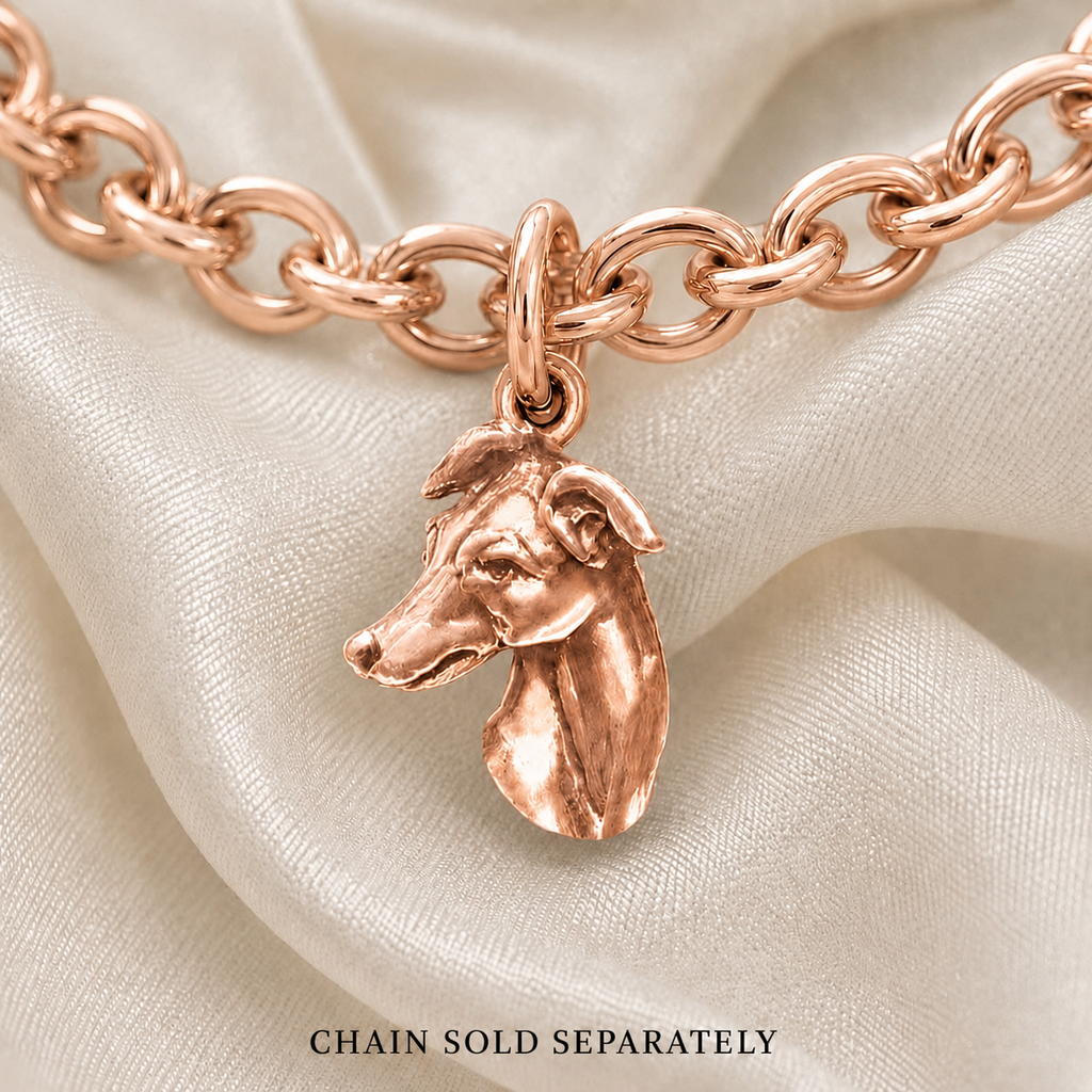 Greyhound Charm 14K Rose Gold Vermeil, Handmade Greyhound Dog Charm, Dimensional Sighthound Charm Bracelet Gift GRH3H-CRVM
