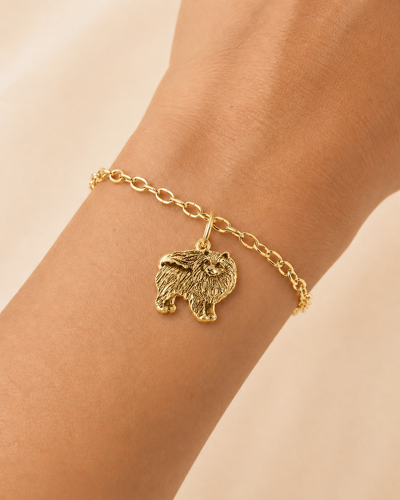 Pomeranian Charm Handmade Pom Dog Charm Bracelet Jewelry 14K Gold Vermeil PMR2-CVM