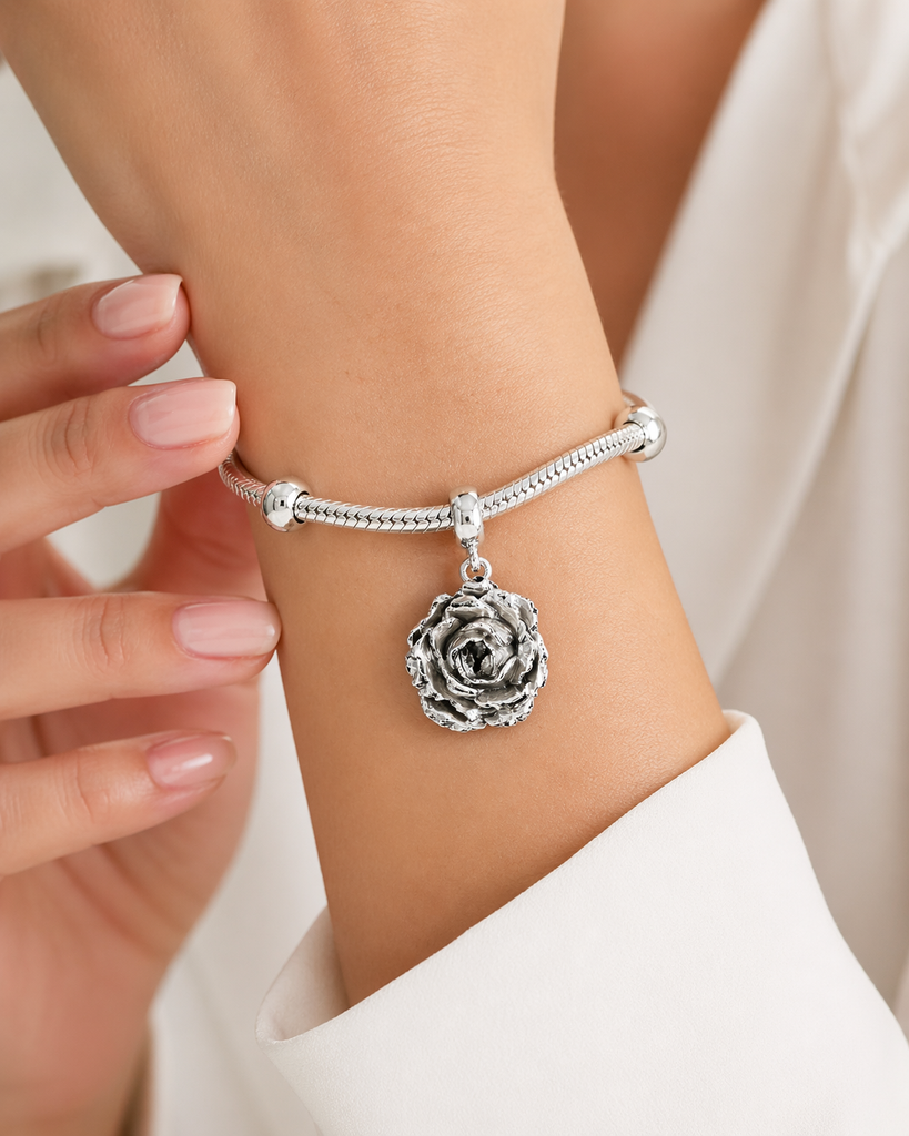 Peony Charm Slide Sterling Silver Peony Jewelry Flower Slide Charm Floral Bracelet Charm Botanical Jewelry Handmade USA Flower Lover Gift PNY4-PNS