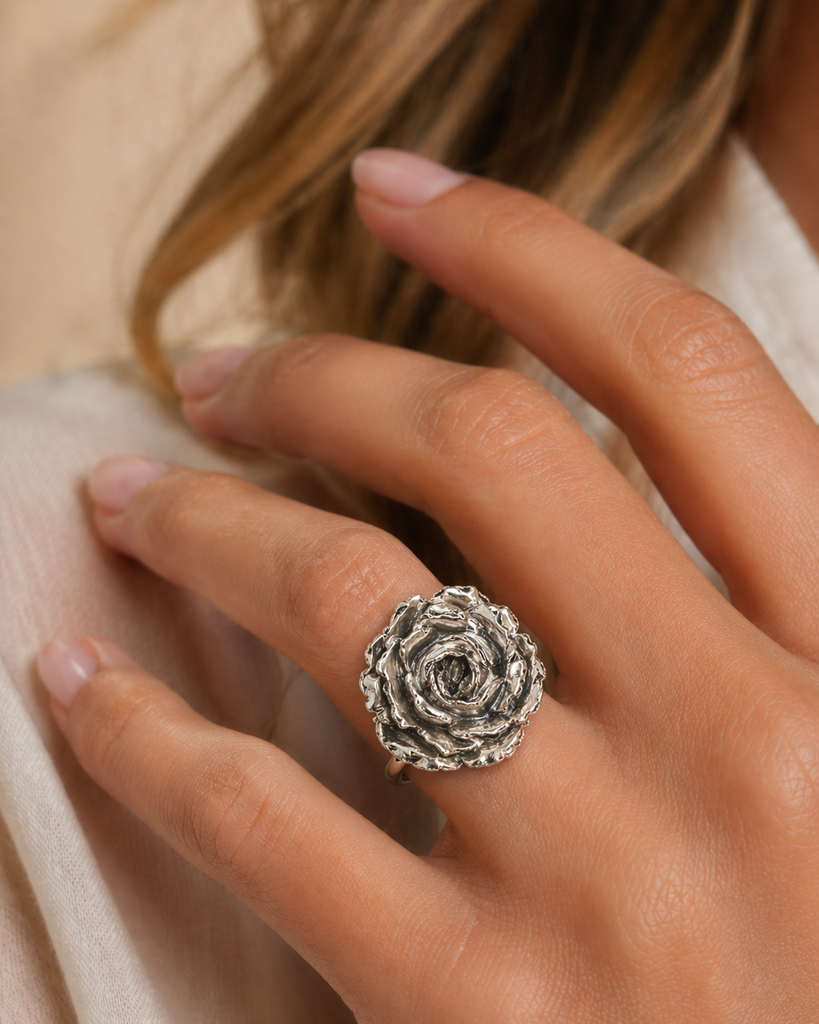 Peony Ring Sterling Silver Peony Jewelry Flower Ring Floral Ring Botanical Ring Handmade USA Flower Lover Gift Womens Ring Statement Ring PNY4-R