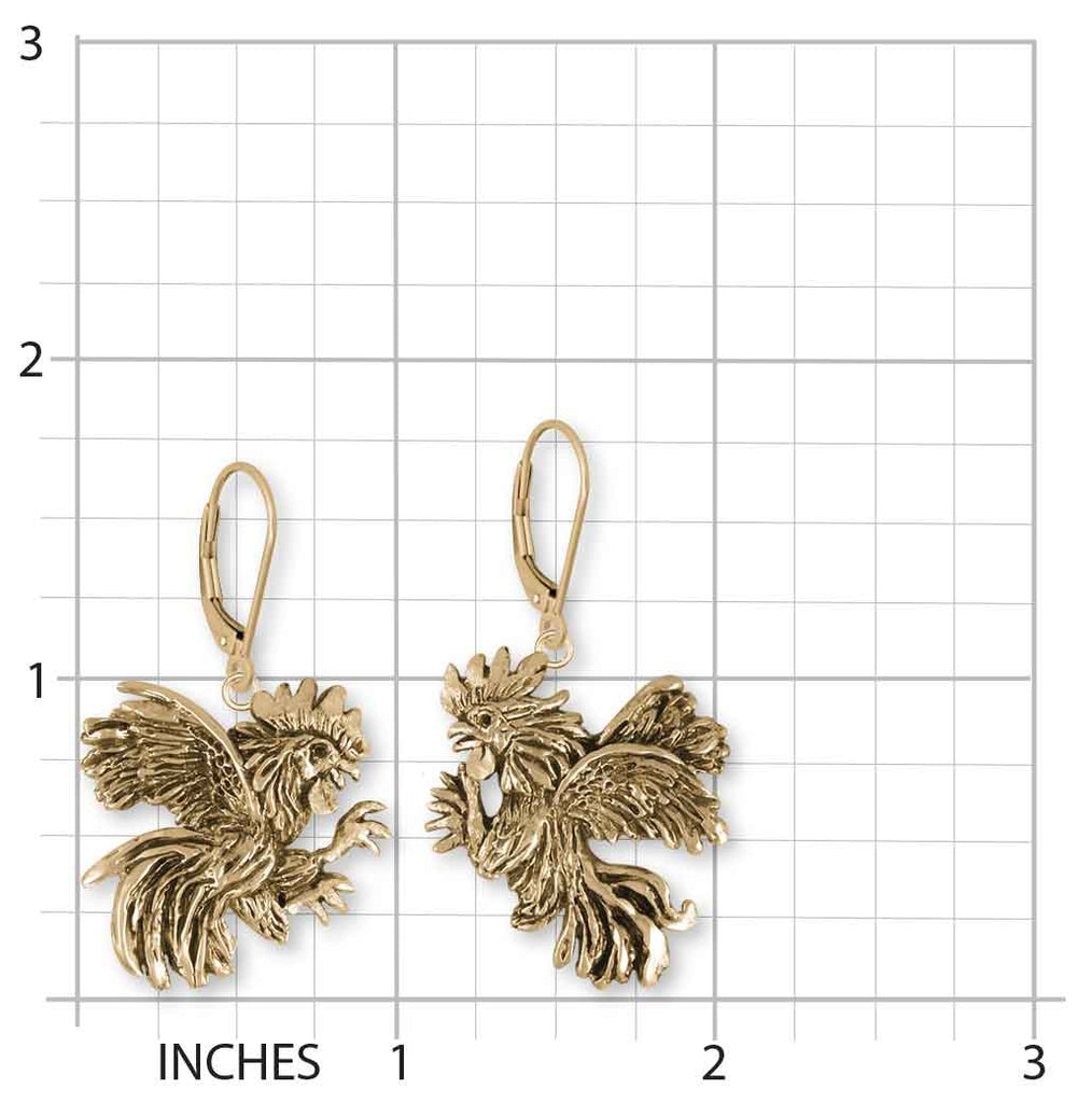 Rooster Earrings 14k Yellow Gold Handmade Rooster Jewelry  RST3X-EG