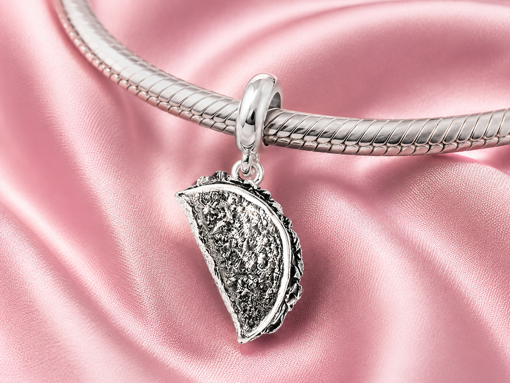 Taco Charm Slide Sterling Silver Food Jewelry, Handmade Taco Bracelet Charm, Mexican Food Slide Charm TAC1-PNS