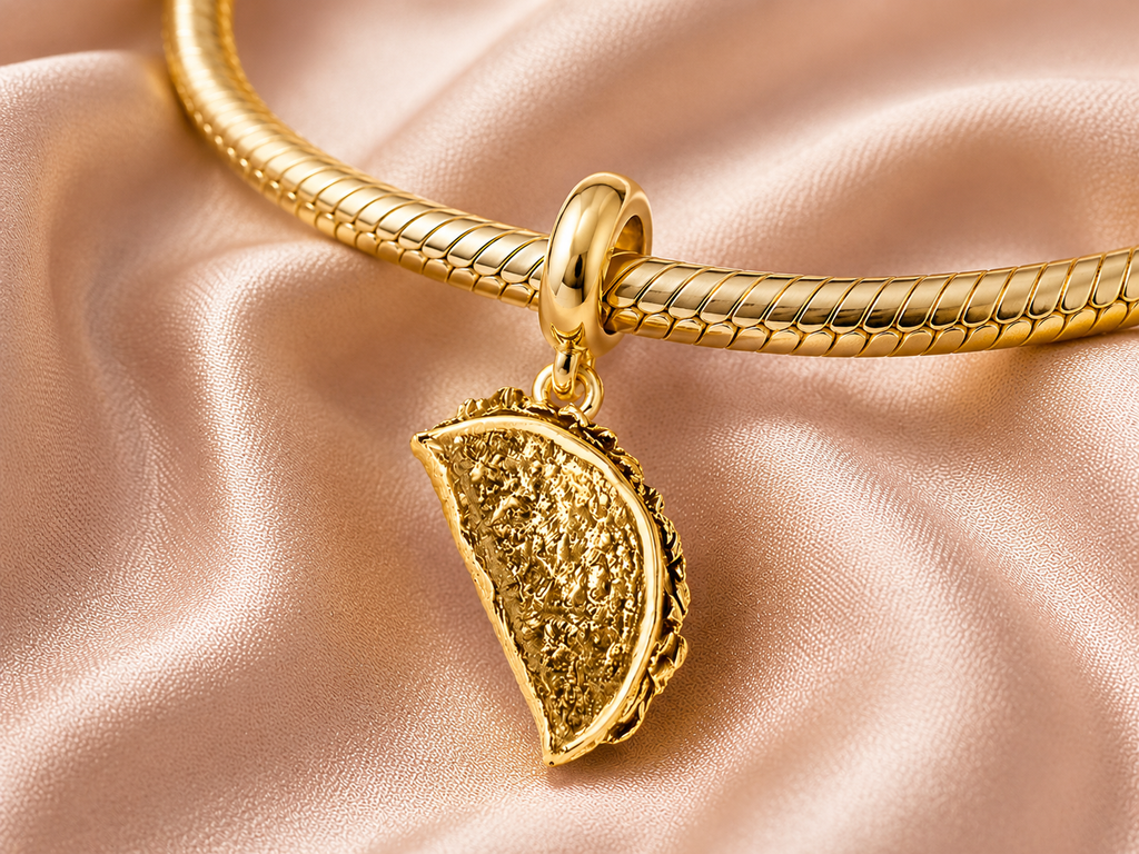 Taco Charm Slide, 14K Gold Vermeil Taco Bracelet Charm, Handmade Food Jewelry, Dimensional Taco Slide Charm TAC1-PNSBZ