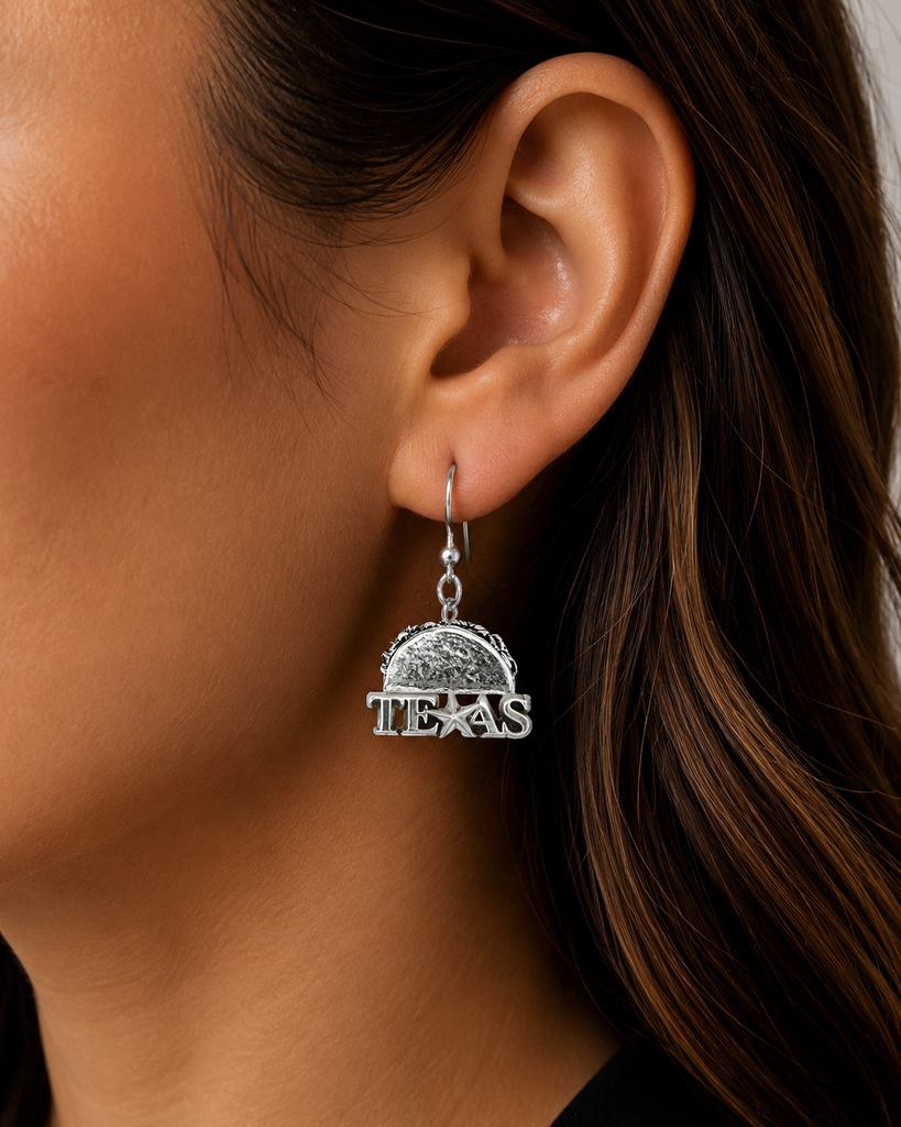 Taco Texas Earrings, Sterling Silver Taco Food Earrings, Handmade Texas Jewelry, Dimensional Taco Earrings TAC1TX-E