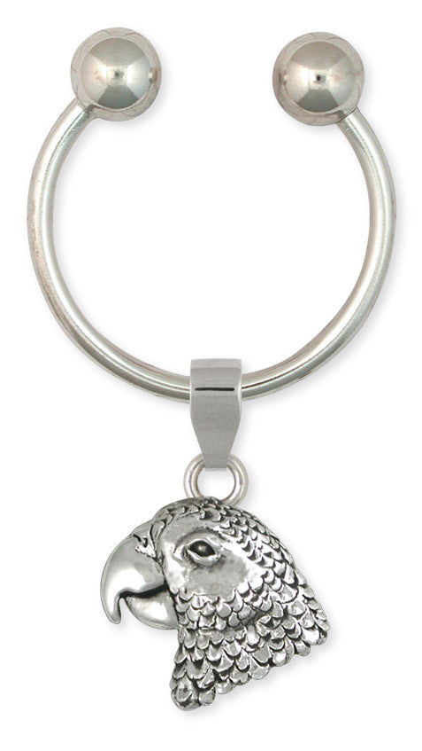 African Grey Parrot Key Ring Solid Sterling Silver Jewelry   AFG2-KR