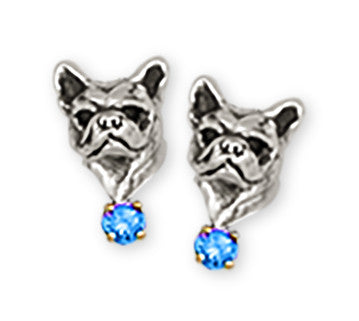 French Bulldog Birthstone Earrings Handmade Sterling Silver Dog Jewelry FR12-SE