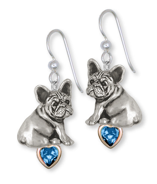 French Bulldog Birthstone Earrings Handmade Sterling Silver Dog Jewelry FR23-SE