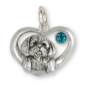 Lhasa Apso  Birthstone Charm Handmade Sterling Silver Dog Jewelry LSZ23-SC