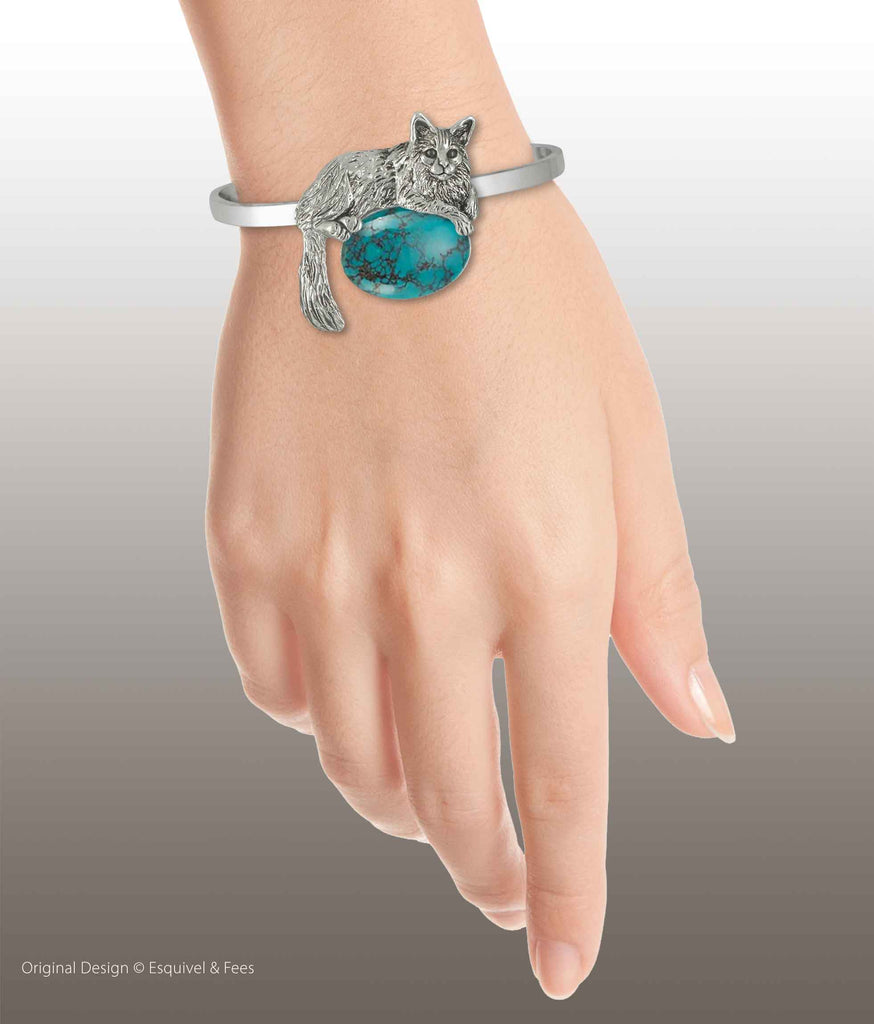 Maine Coon Jewelry Sterling Silver And Turquoise Handmade Maine Coon Cat Bracelet  MNC1-SCB