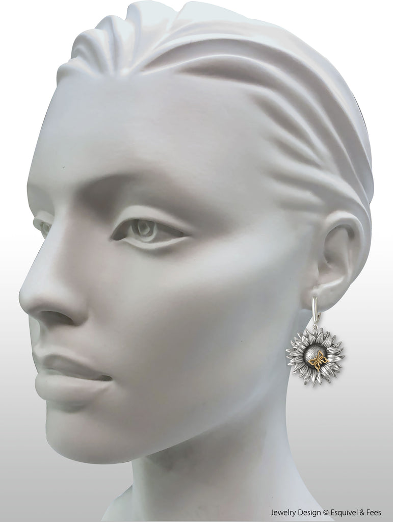 Sunflower Jewelry Silver And 14k Gold Handmade Sunflower With Butterfly Earrings  SF2-BUTE