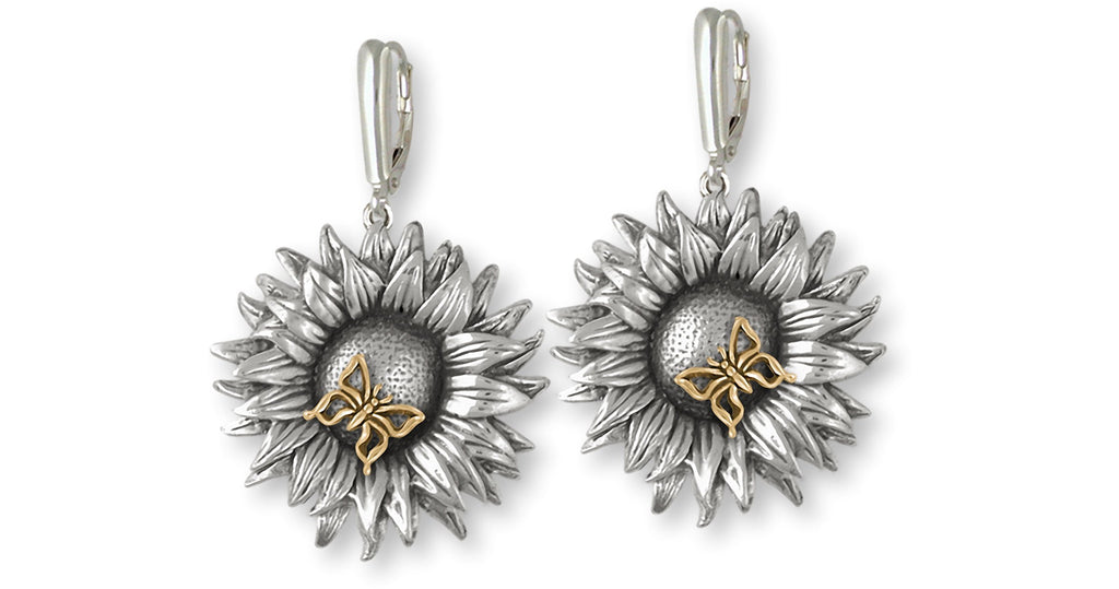 Sunflower Charms Sunflower Earrings Silver And 14k Gold Sunflower With Butterfly Jewelry Sunflower jewelry