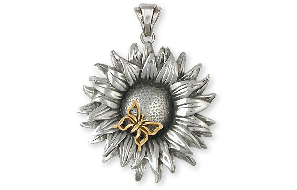 Sunflower Charms Sunflower Pendant Silver And 14k Gold Flower Jewelry Sunflower jewelry