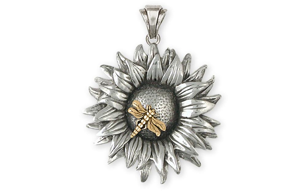 Sunflower Charms Sunflower Pendant Silver And 14k Gold Sunflower And Dragonfly Jewelry Sunflower jewelry