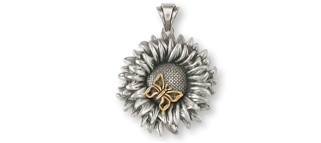 Sunflower Charms Sunflower Pendant Silver And 14k Gold Sunflower With Butterfly Jewelry Sunflower jewelry