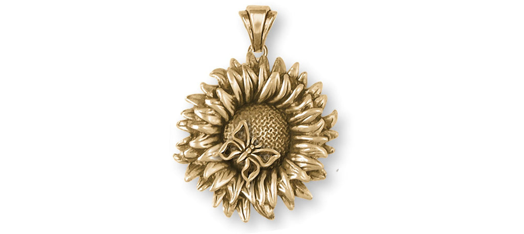Sunflower Charms Sunflower Pendant 14k Yellow Gold Sunflower With Butterfly Jewelry Sunflower jewelry