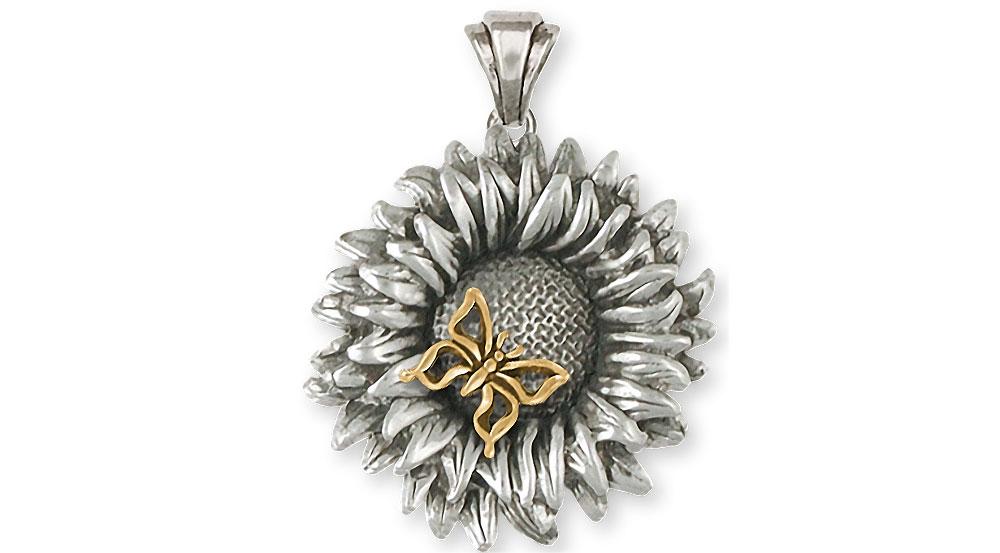 Sunflower Charms Sunflower Pendant Silver And 14k Gold Flower Jewelry Sunflower jewelry
